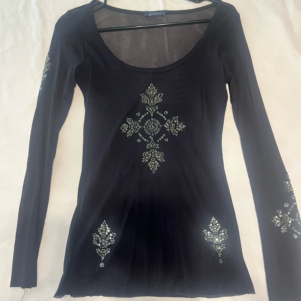 Enti Collection Y2K black sheer mesh shirt with bling. Embellished Large Top